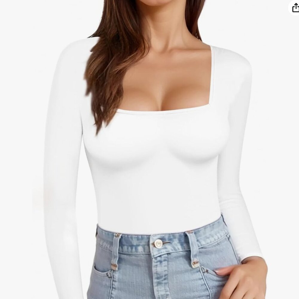 MANGOPOP Womens White Square Neck T Shirts Long Sleeve Tops Fitted Tee XS
